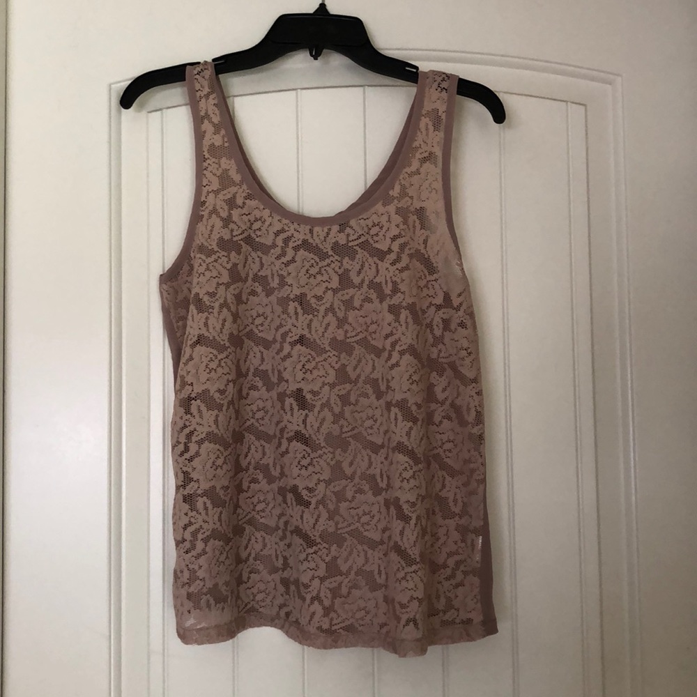 Chloe K taupe lace tank with chiffon bow back